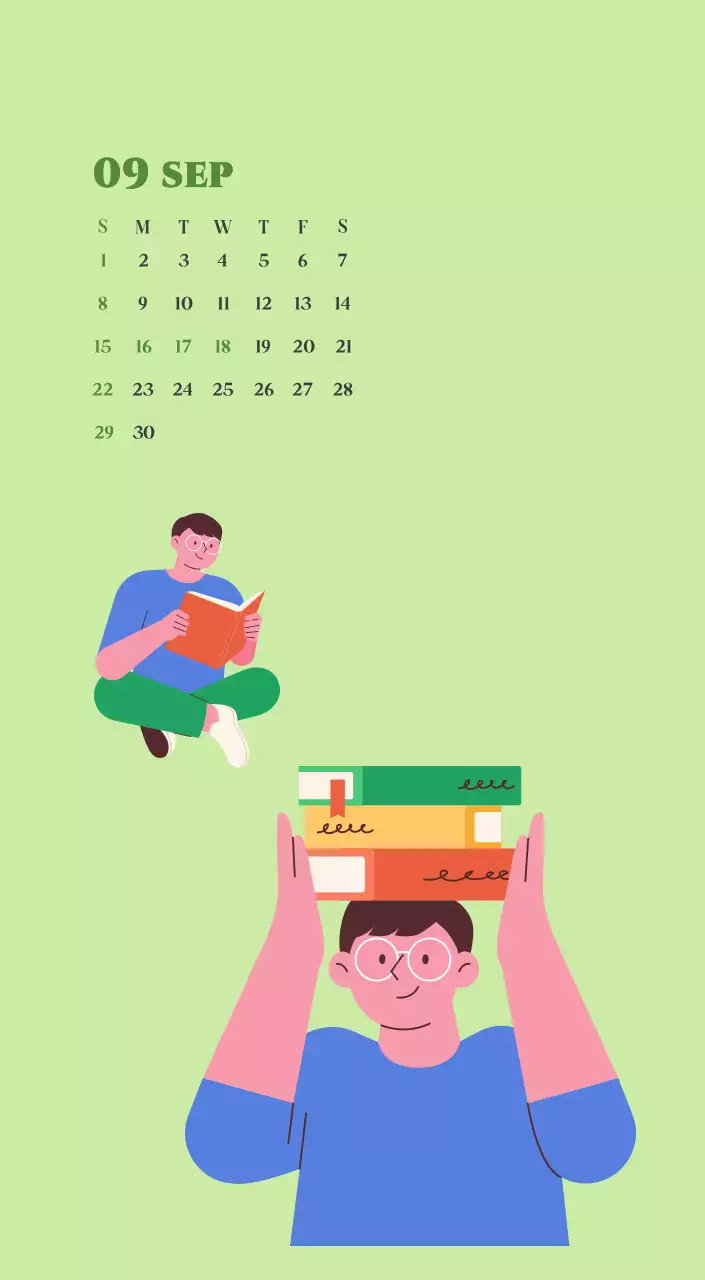 Calendario con ilustraciones juveniles sobre fondo amarillo y verde