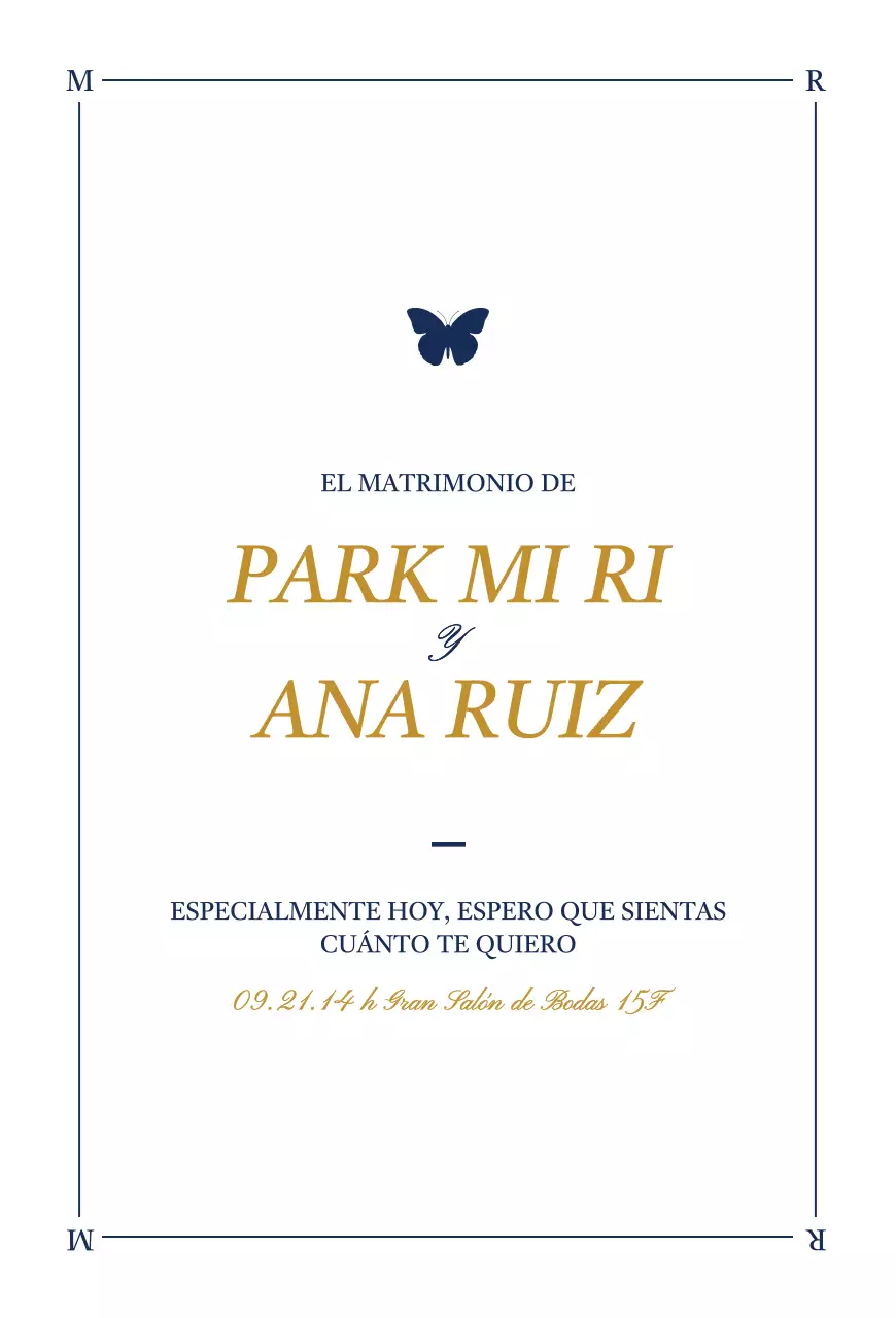 Invitación de boda de diseño elegante con ilustraciones de mariposas en blanco y azul marino