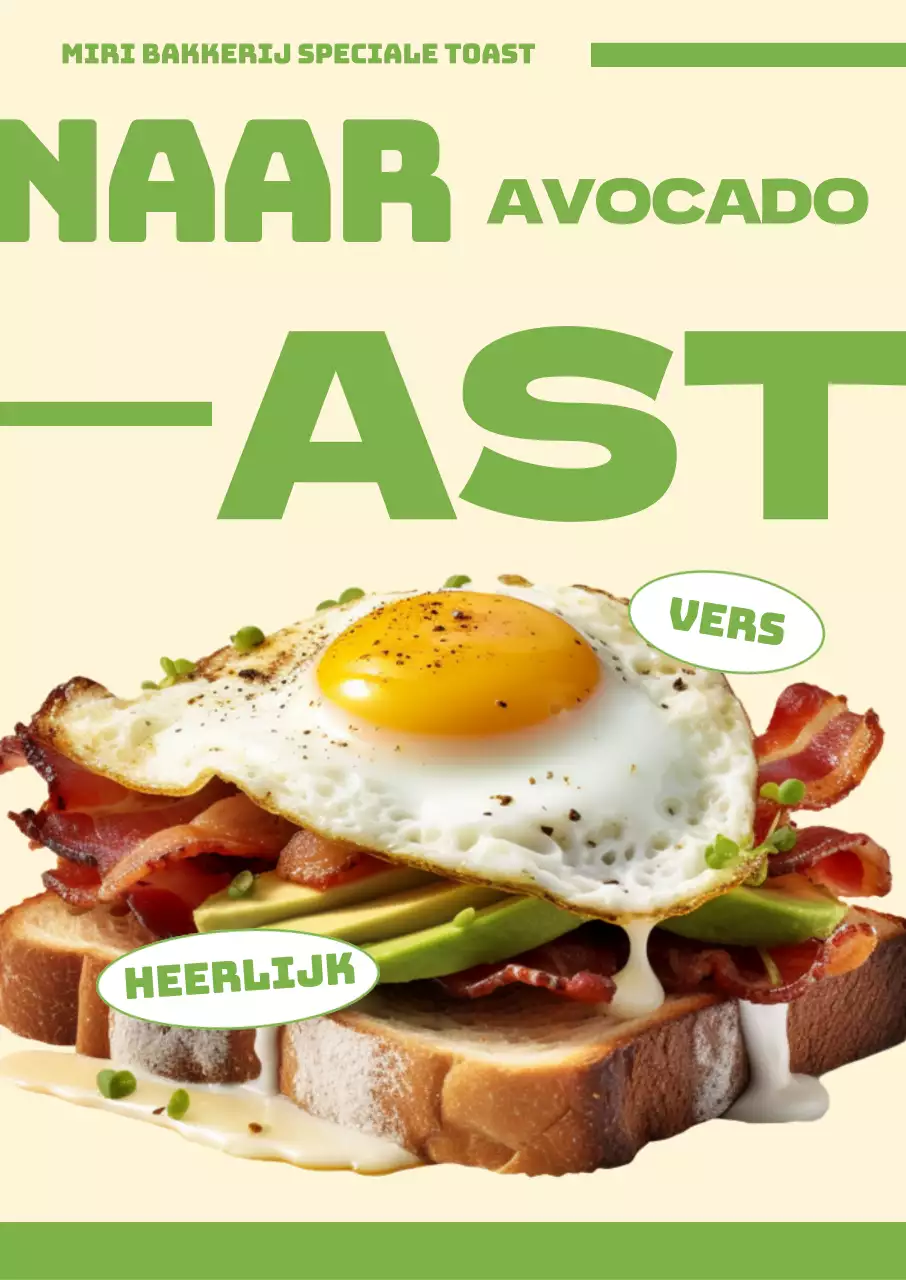 Avocado toast brunch Een café bakkerij menu met fotorealistische afbeeldingen en vetgedrukte tekst lay-out en kleuraccenten