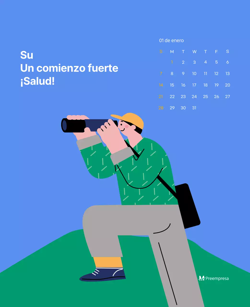 Calendario motivacional con ilustraciones llenas de energía y citas positivas sobre fondo azul claro