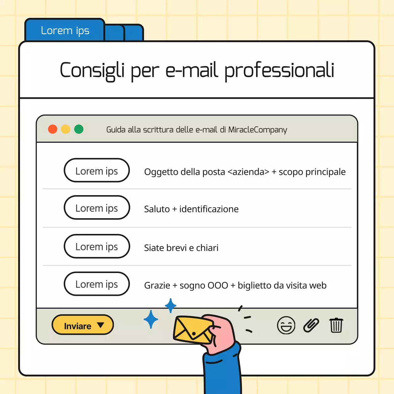 Promuovere semplici consigli commerciali in blu e giallo