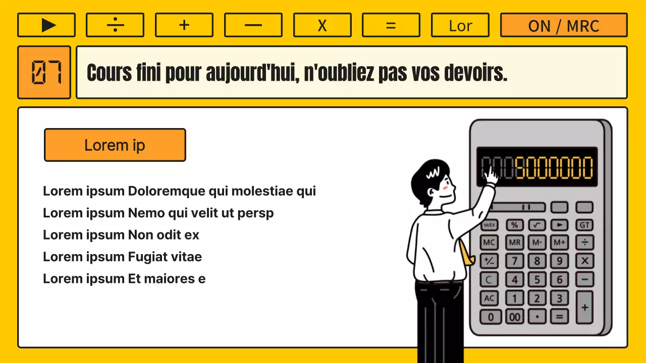 Cours de mathématiques avec une calculatrice jaune et orange kitsch