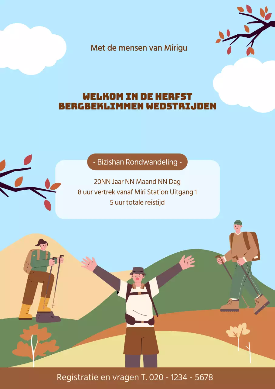 Poster voor een bergbeklimwedstrijd met herfstlandschappen en klimmende mensen.