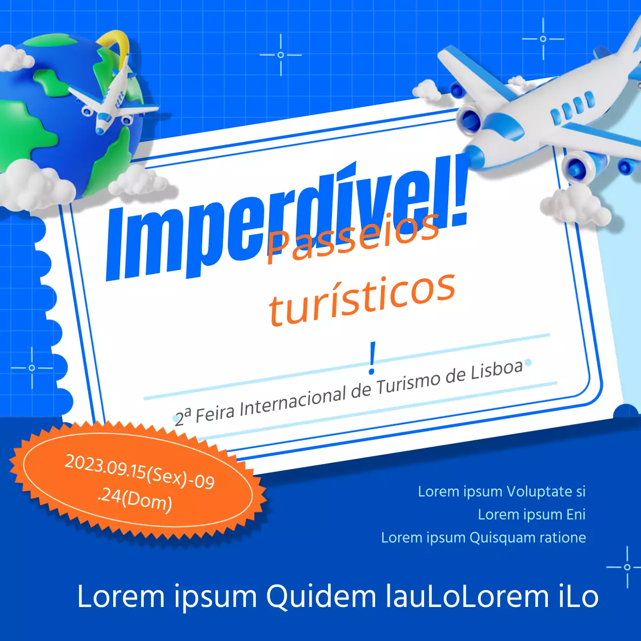 Promover uma simples feira de turismo em azul e laranja
