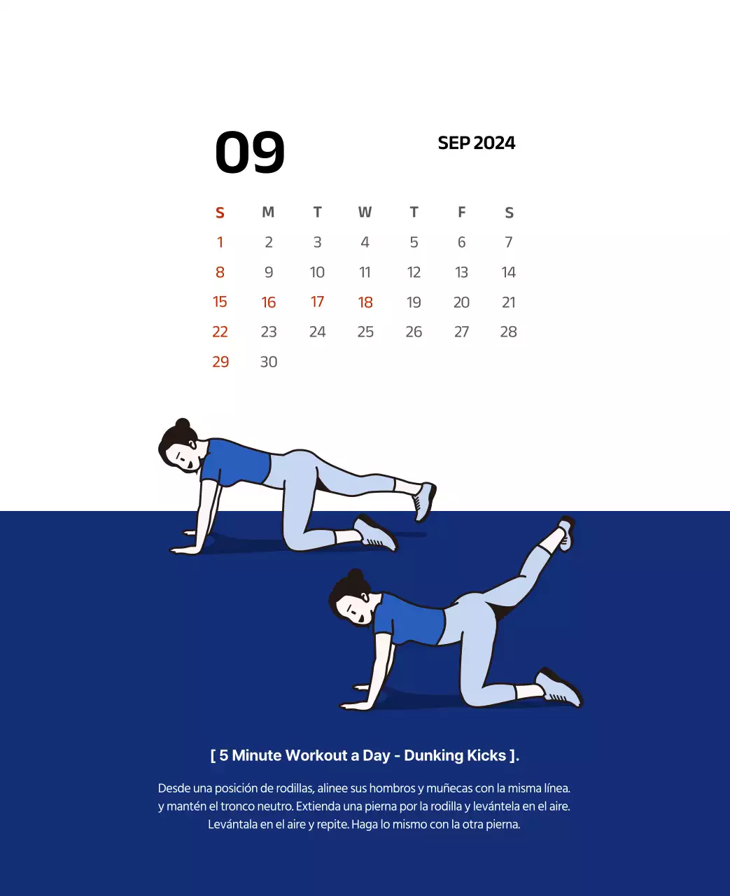 Calendario sencillo con ilustraciones limpias en azul