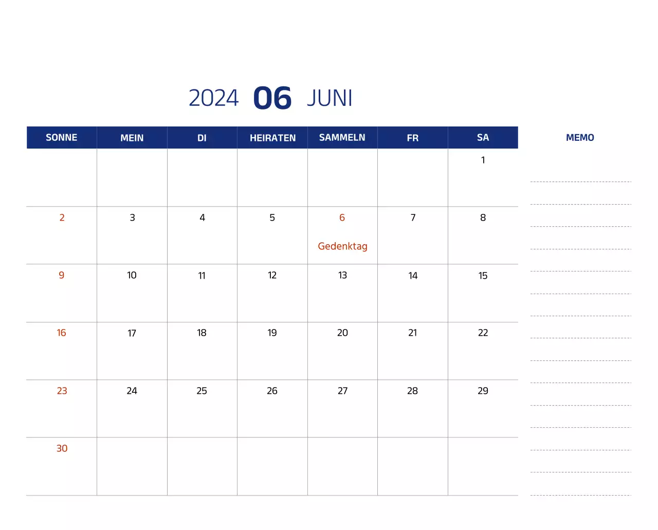 Einfacher Kalender mit klaren Illustrationen in Blau