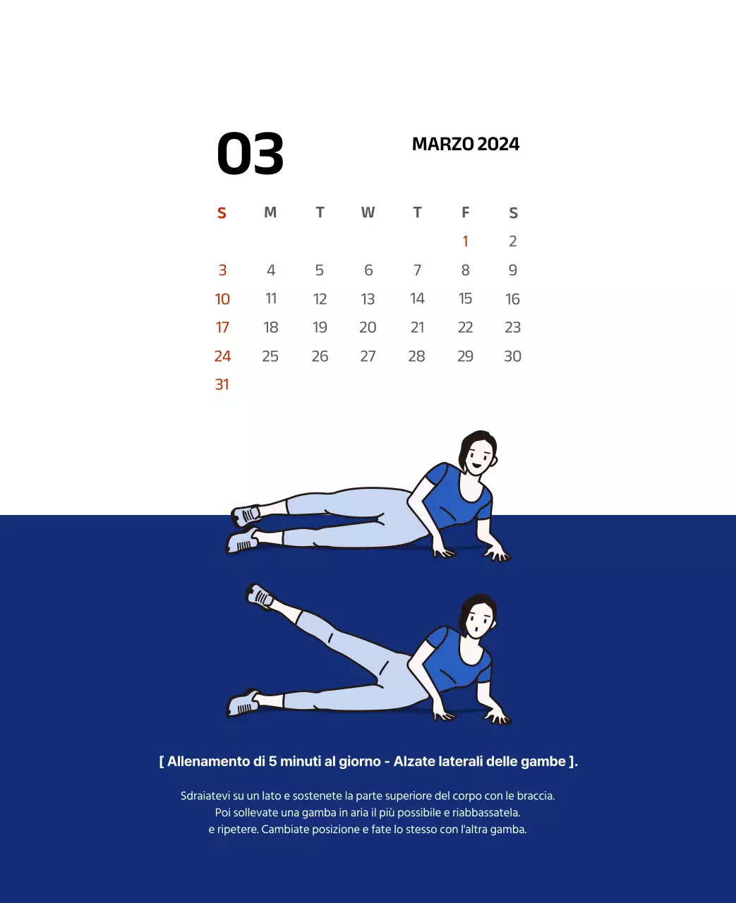 Calendario semplice con illustrazioni pulite in blu