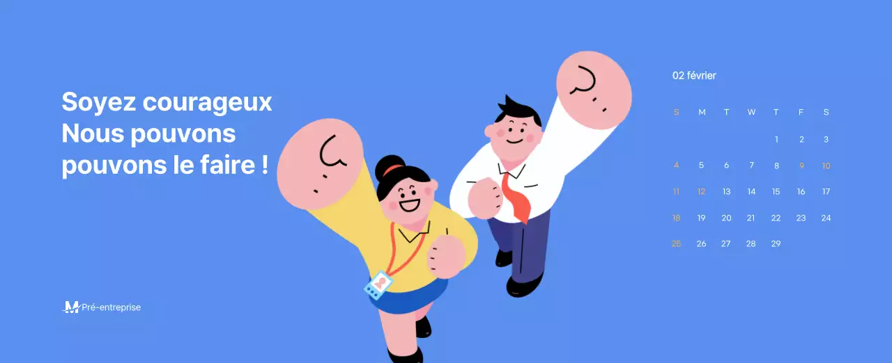 Calendrier de motivation avec des illustrations énergiques et des citations positives sur un fond bleu clair