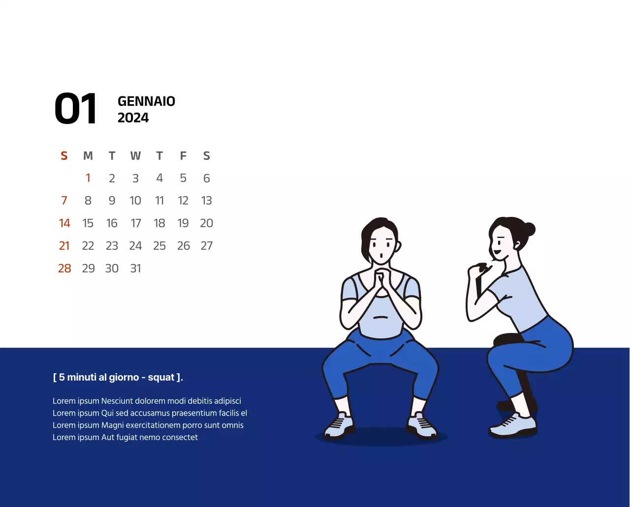 Calendario semplice con illustrazioni pulite in blu