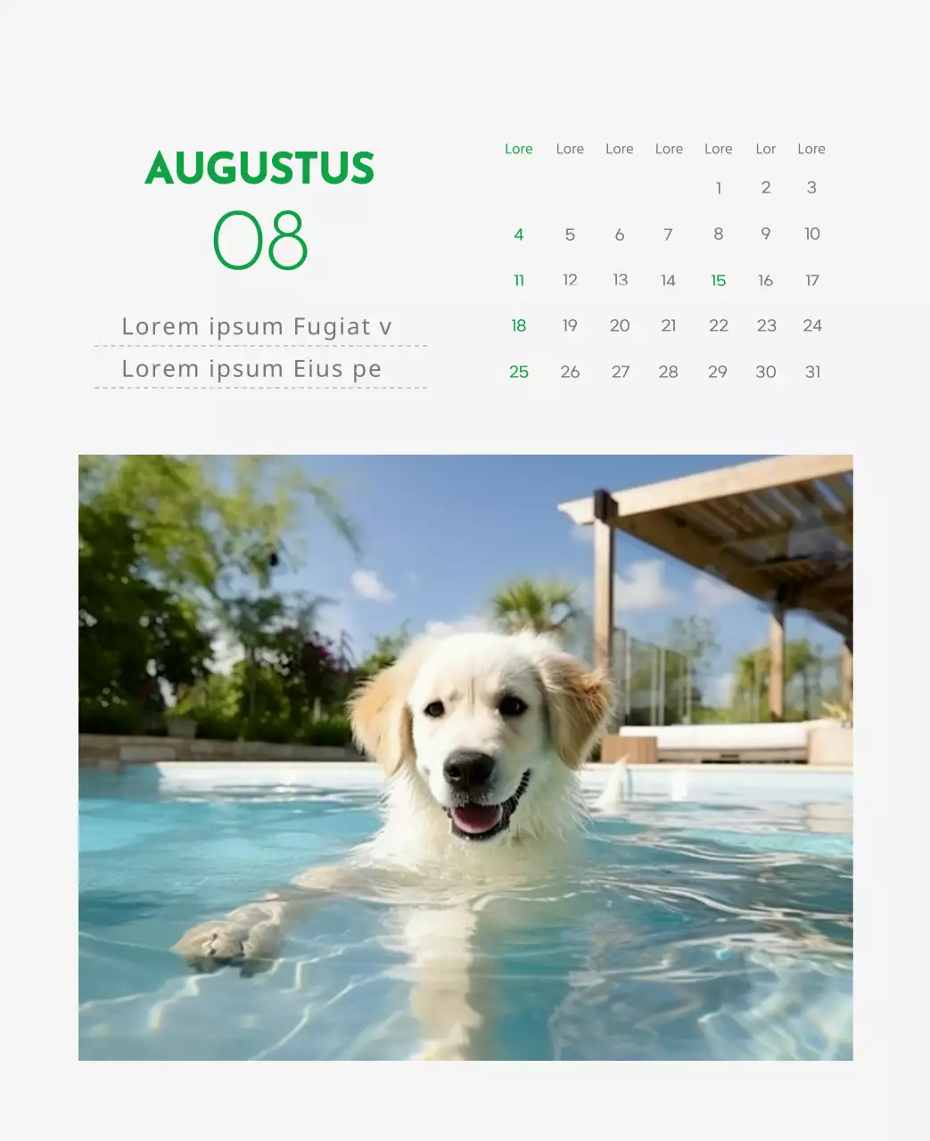 Een kalender met een afbeelding van een puppy en een schattige boodschap in groene accenten