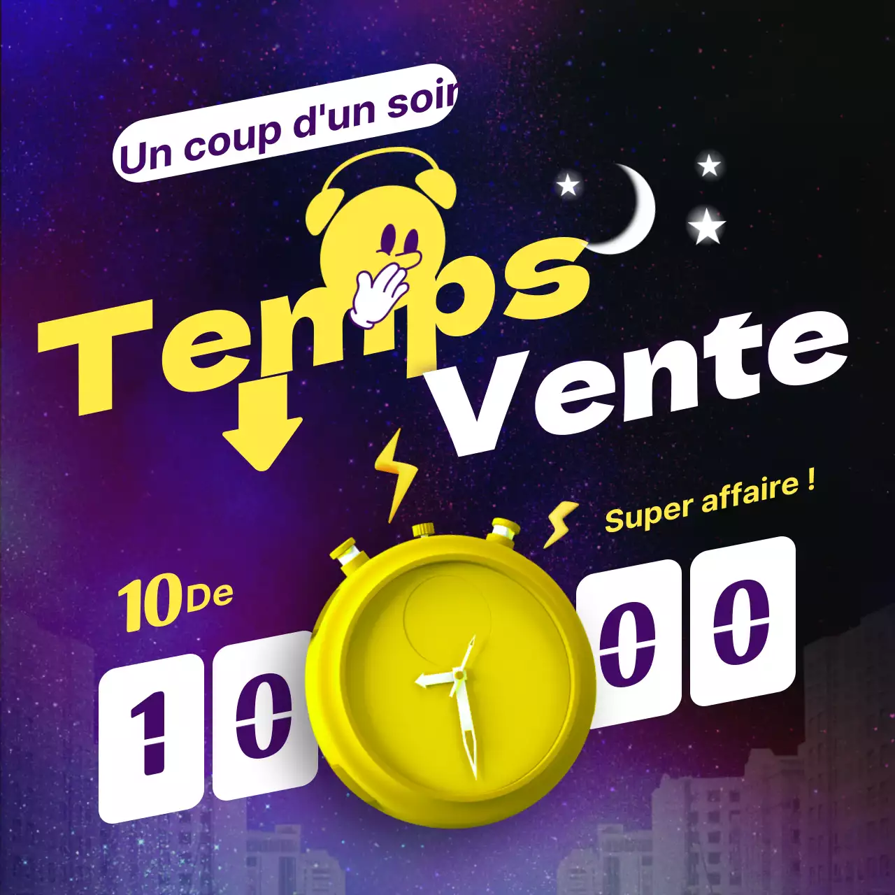 Promouvoir une vente nocturne kitsch jaune et violet