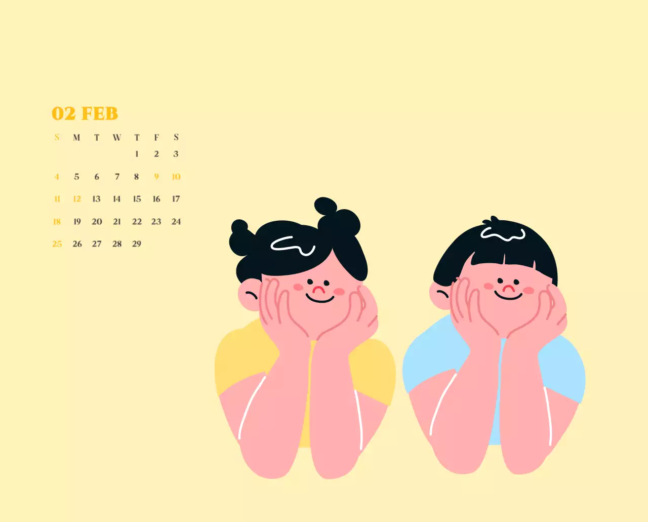 Kalender met jeugdillustraties op een gele en groene achtergrond