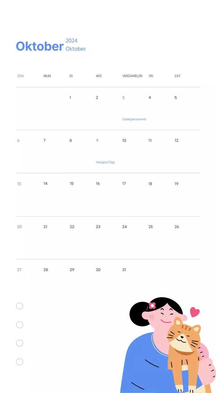Motiverende kalender met energieke illustraties en positieve citaten op een lichtblauwe achtergrond