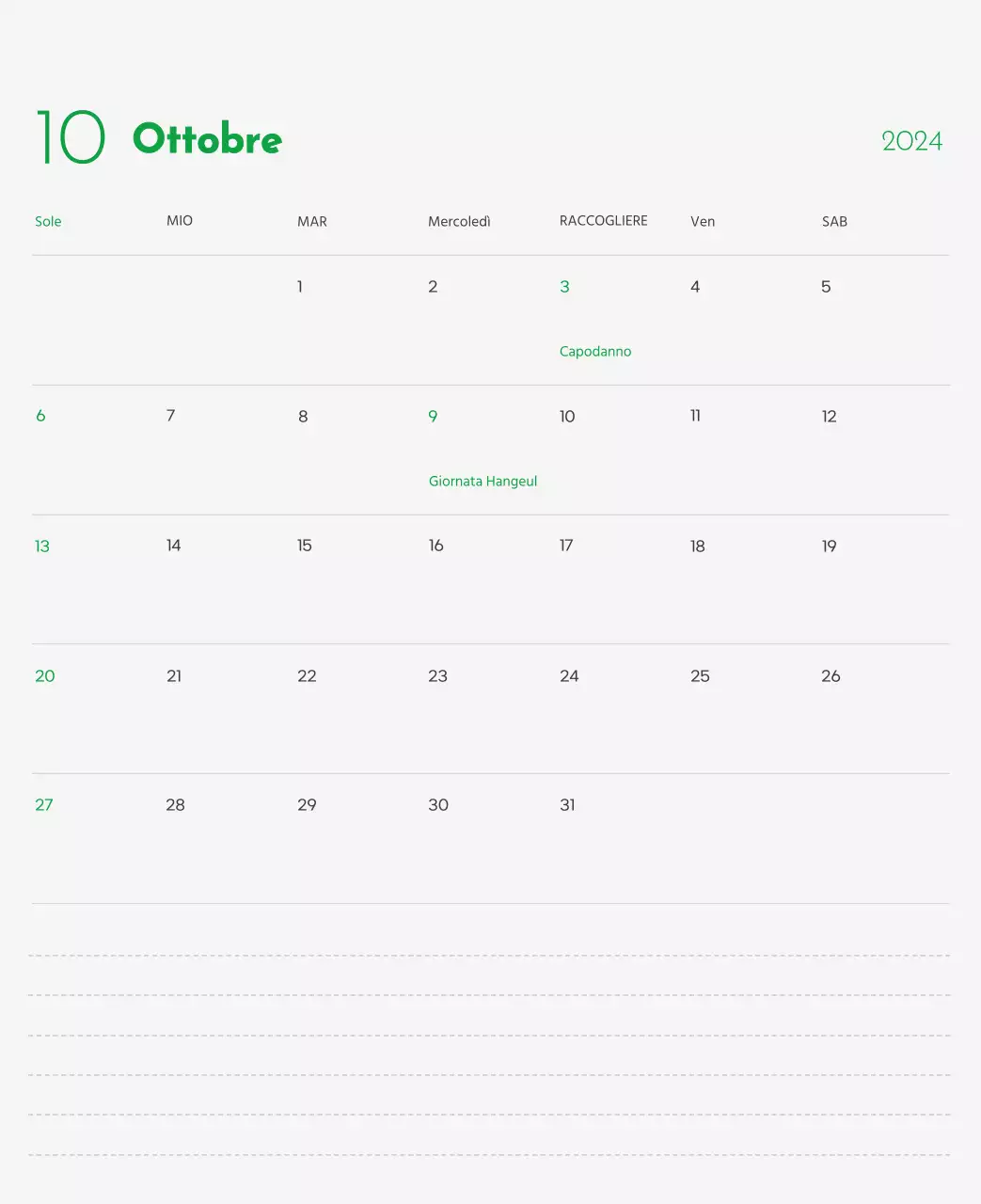 Un calendario con l'immagine di un cucciolo e un simpatico messaggio in verde.
