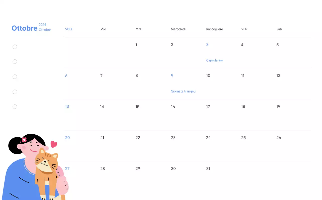 Calendario motivazionale con illustrazioni energetiche e citazioni positive su sfondo azzurro