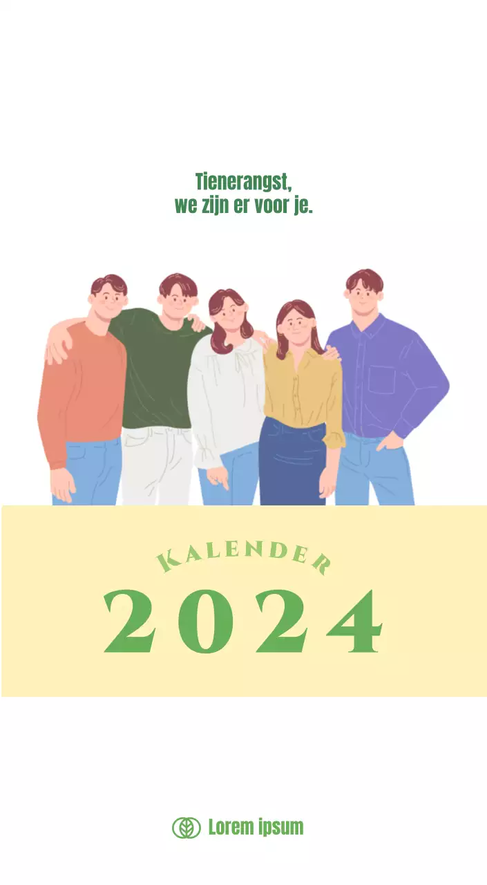 Kalender met jeugdillustraties op een gele en groene achtergrond