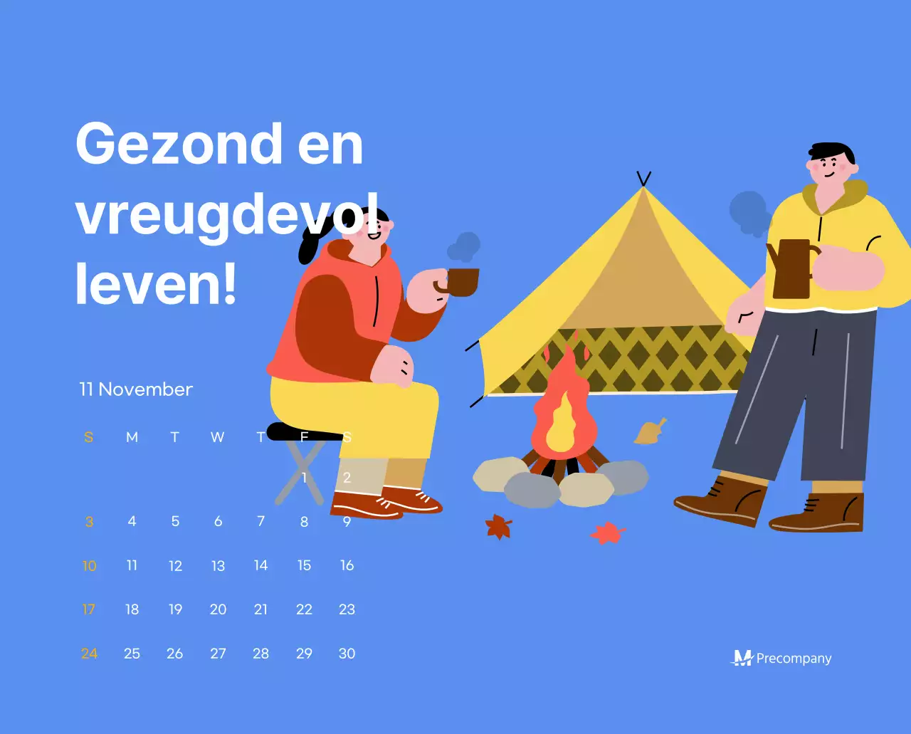 Motiverende kalender met energieke illustraties en positieve citaten op een lichtblauwe achtergrond