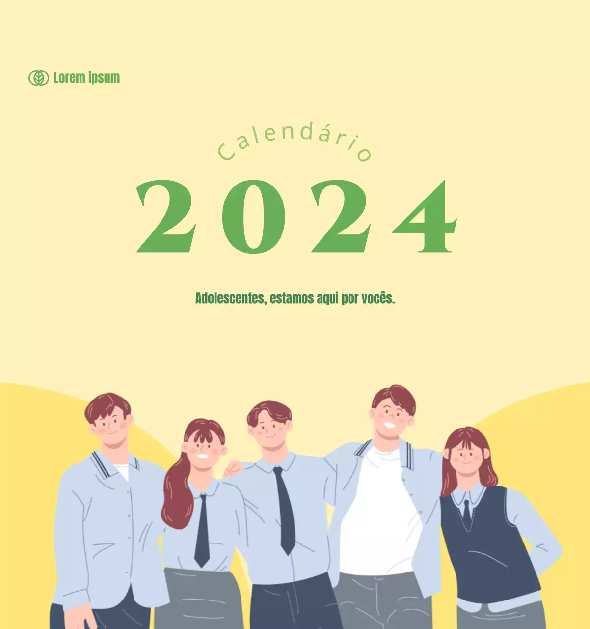 Calendário com ilustrações de jovens sobre um fundo amarelo e verde