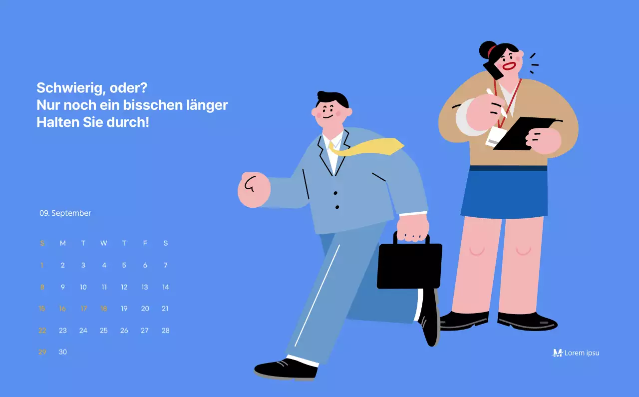 Motivationskalender mit energiegeladenen Illustrationen und positiven Zitaten auf hellblauem Hintergrund