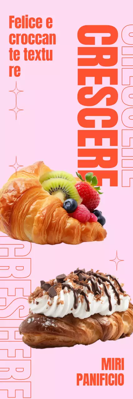 Menu di una panetteria con immagini fotorealistiche di croissant, layout di testo e grafica geometrica.