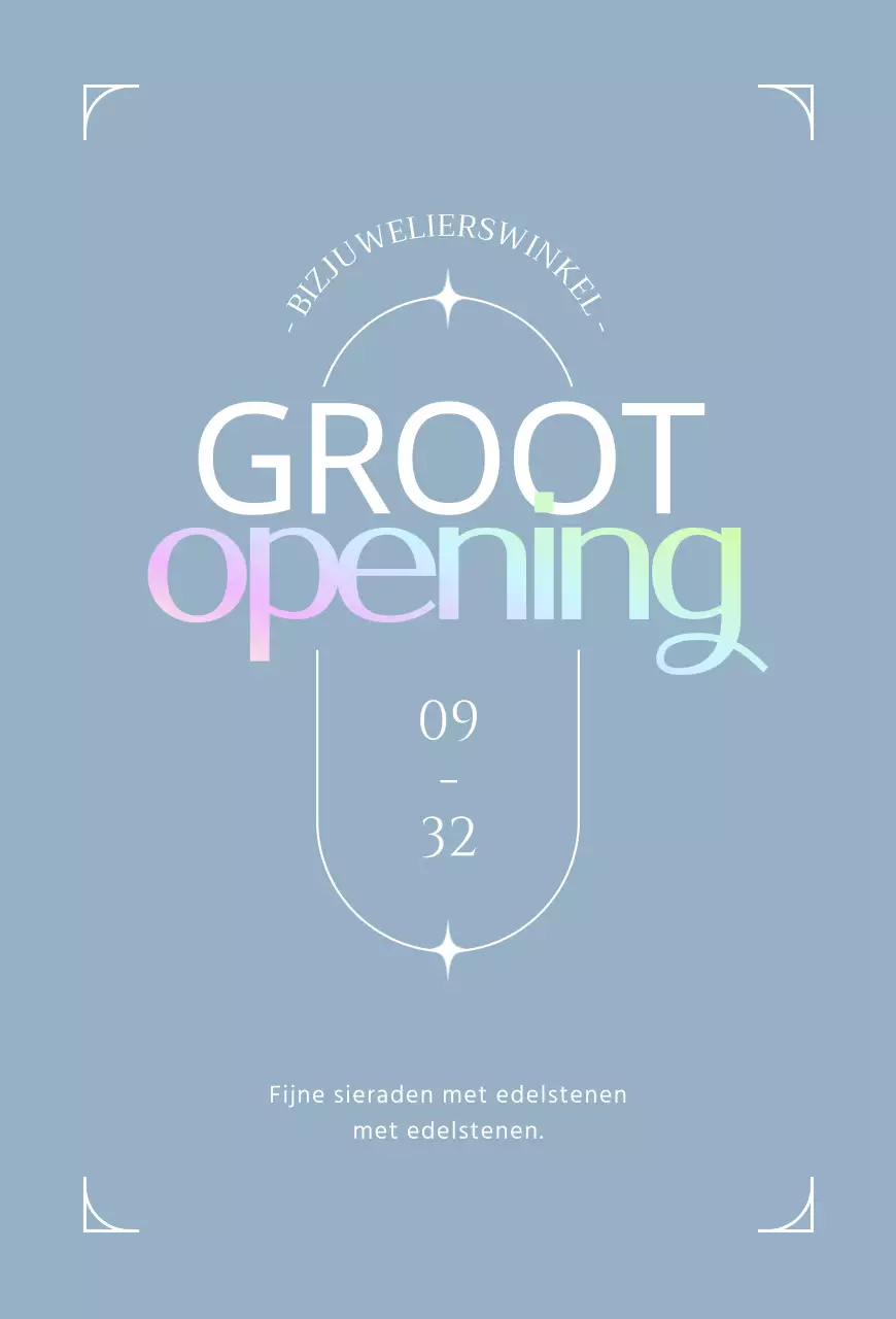 Een ansichtkaart ter promotie van de grote opening van een juwelierswinkel in lichtblauwe tinten