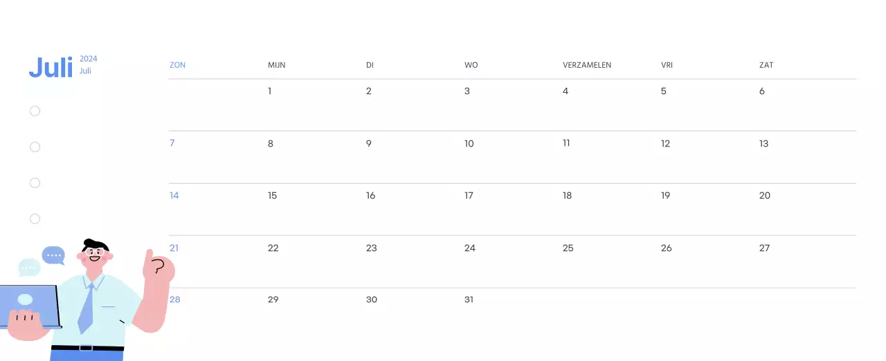Motiverende kalender met energieke illustraties en positieve citaten op een lichtblauwe achtergrond