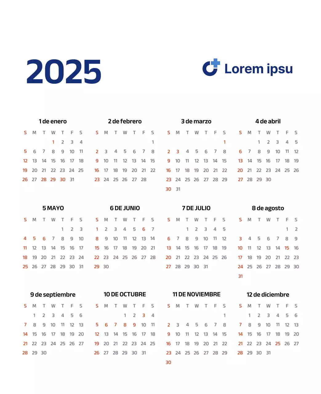 Calendario sencillo con ilustraciones limpias en azul