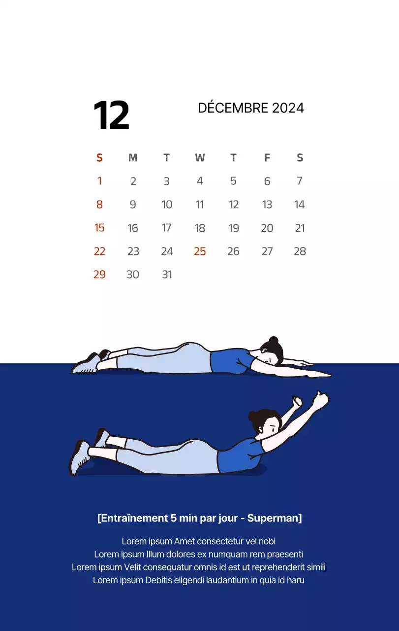 Calendrier simple avec des illustrations épurées en bleu