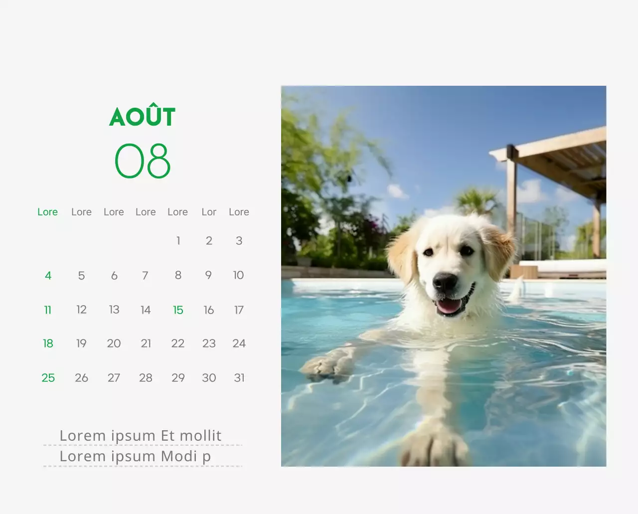 Un calendrier avec la photo d'un chiot et un message mignon aux accents verts.