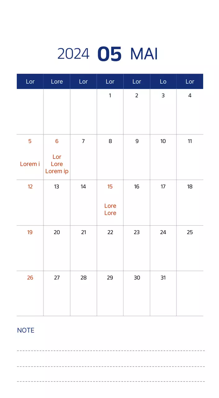 Calendrier simple avec des illustrations épurées en bleu