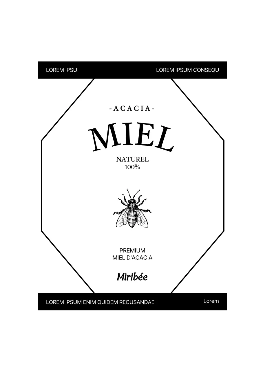 Étiquette de miel simple et vintage avec illustration d'abeille en noir et blanc