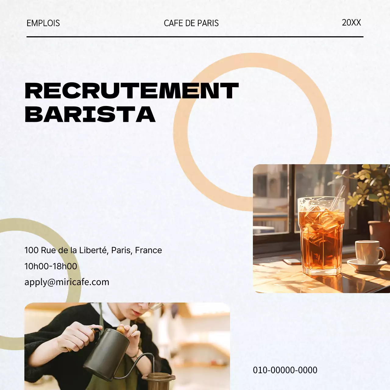 Annonce d'emploi pour un barista moderne en blanc et noir