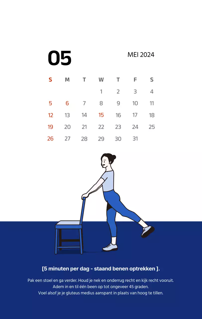 Eenvoudige kalender met strakke illustraties in blauw
