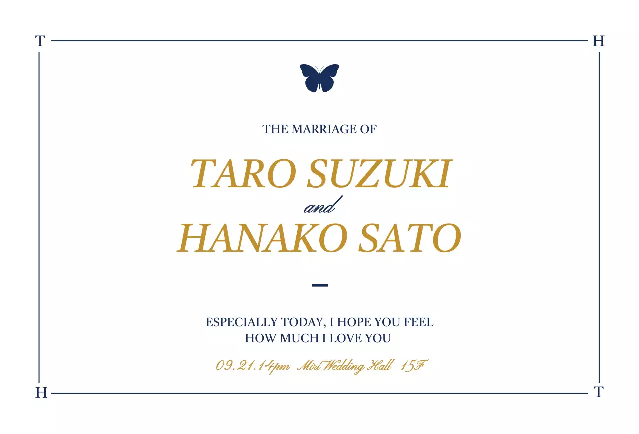 白と藍色の蝶のイラストが描かれた高級感のあるデザインの結婚式の招待状デザイン