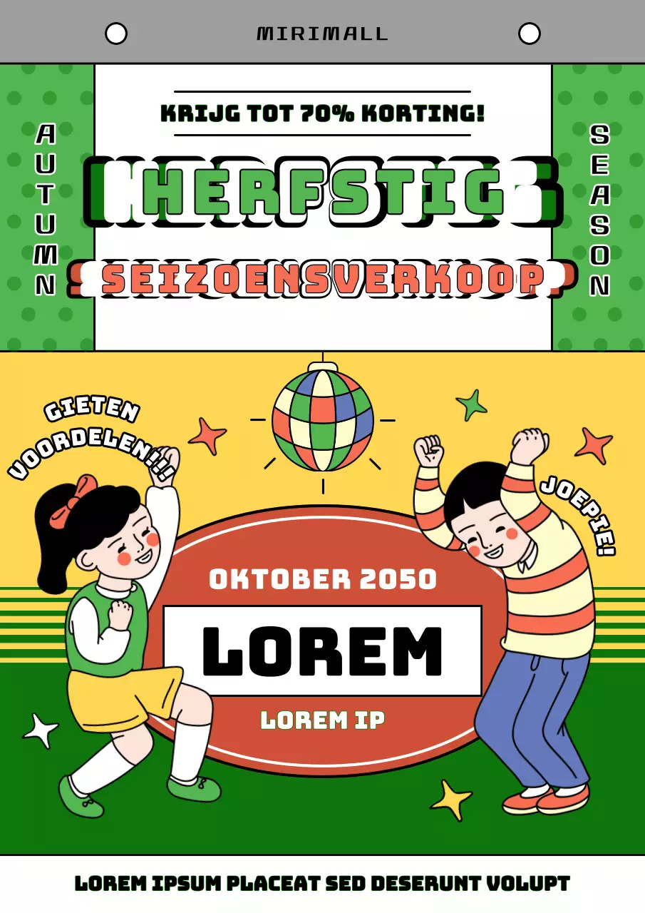 Retro herfstverkoopkalenderadvertentie in geel en chartreuse