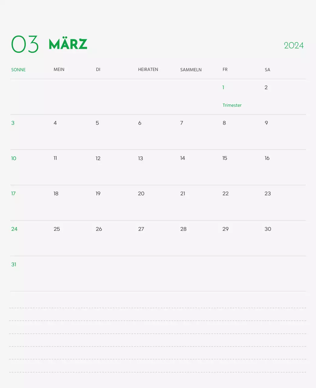 Ein Kalender mit einem Bild eines Welpen und einer niedlichen Botschaft in grünen Akzenten
