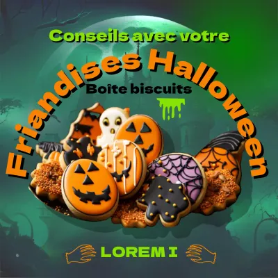 Publicité pour les biscuits d'Halloween de SF en vert et orange