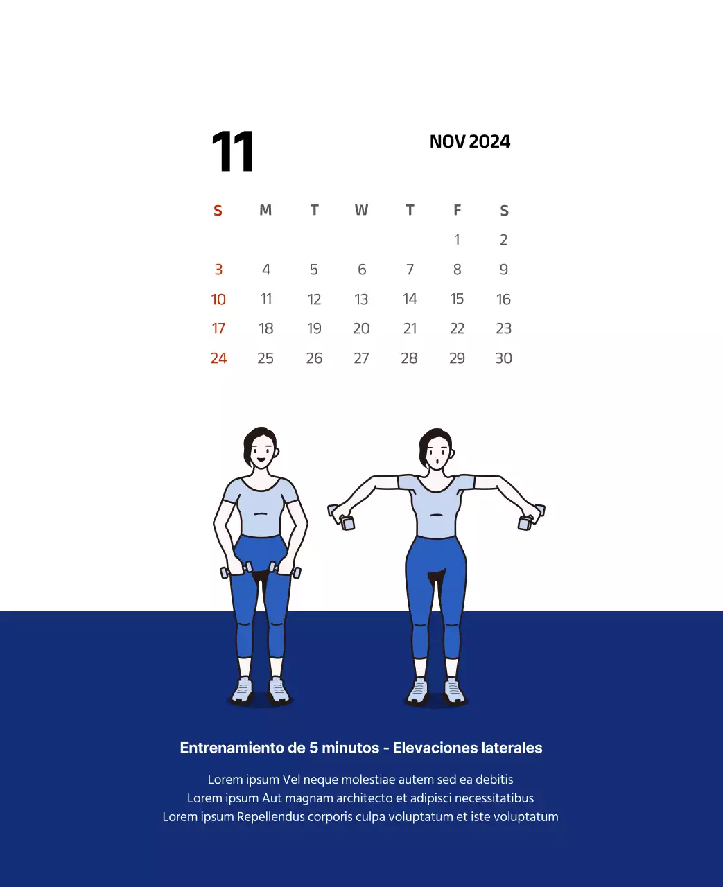 Calendario sencillo con ilustraciones limpias en azul