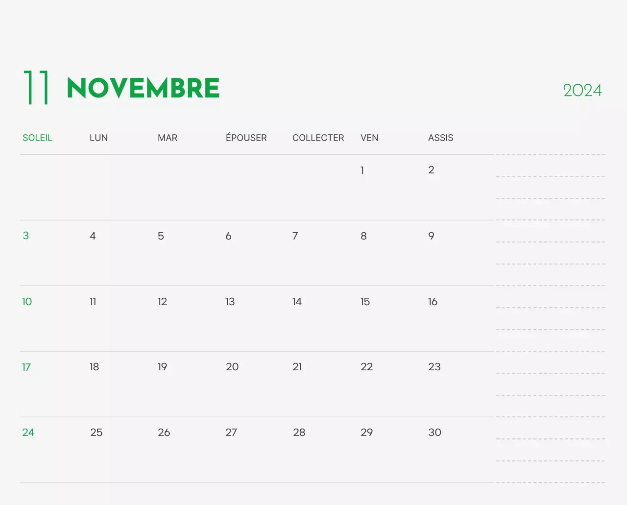 Un calendrier avec la photo d'un chiot et un message mignon aux accents verts.