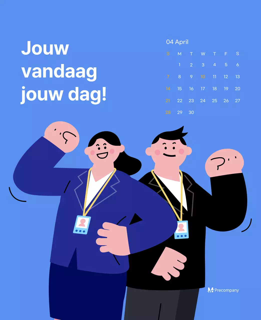 Motiverende kalender met energieke illustraties en positieve citaten op een lichtblauwe achtergrond