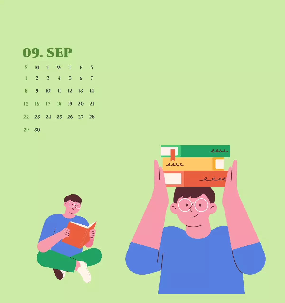 Kalender mit Jugendillustrationen auf gelbem und grünem Hintergrund