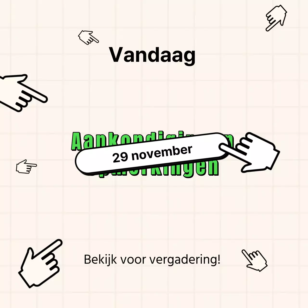 Kitscherige aankondigingen voor clubbijeenkomsten in groen en beige