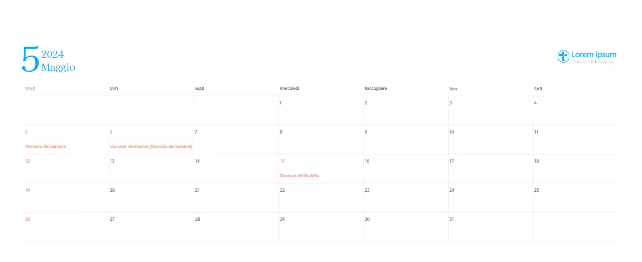 Calendario ecclesiastico blu di concezione moderna