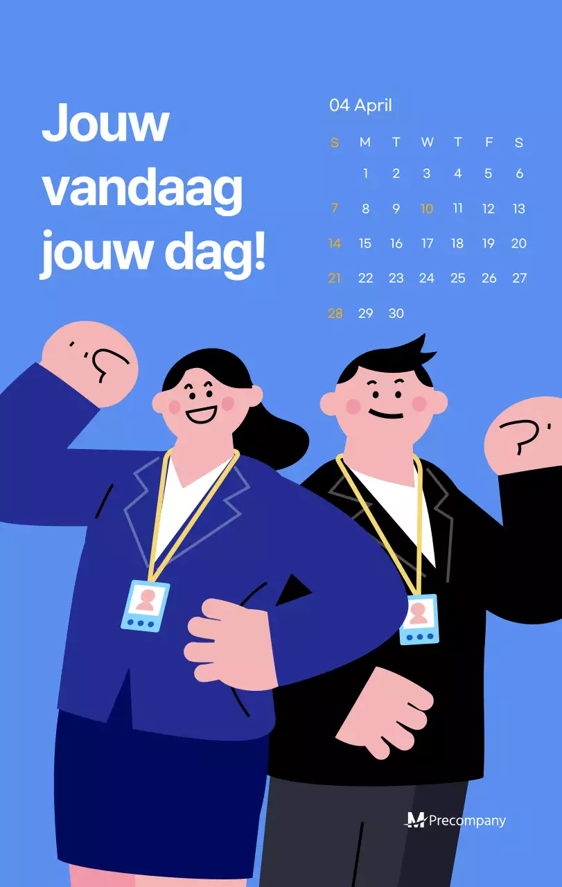 Motiverende kalender met energieke illustraties en positieve citaten op een lichtblauwe achtergrond
