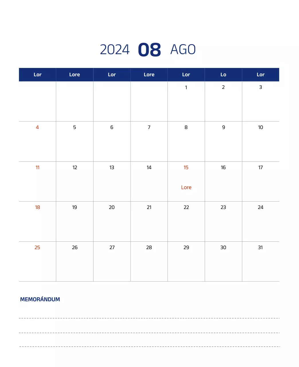 Calendario sencillo con ilustraciones limpias en azul