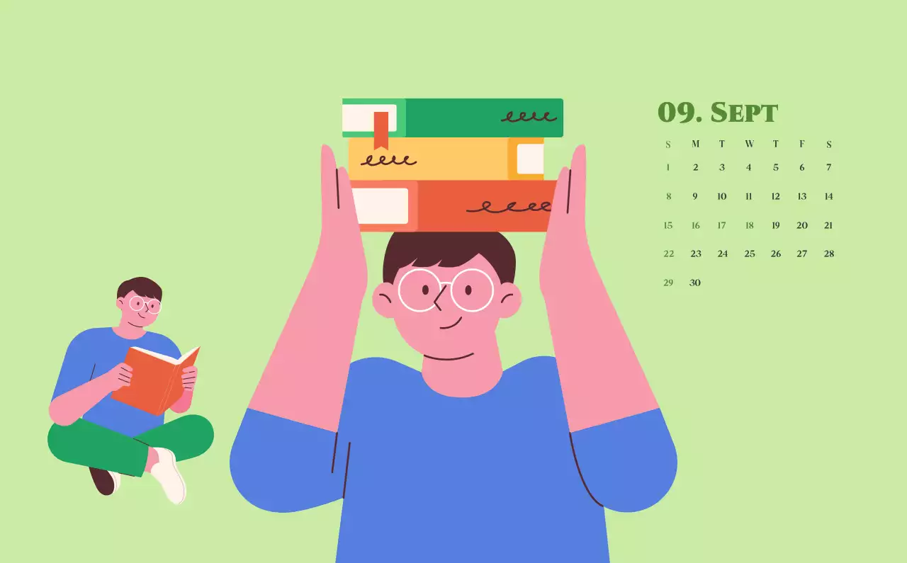 Kalender mit Jugendillustrationen auf gelbem und grünem Hintergrund