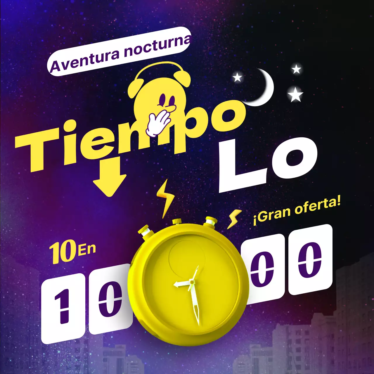 Promover una venta nocturna kitsch en amarillo y morado