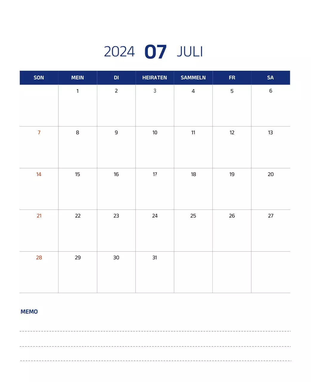 Einfacher Kalender mit klaren Illustrationen in Blau