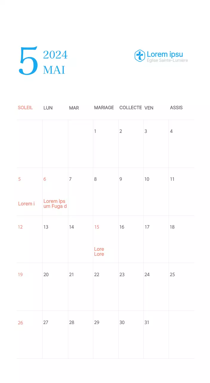 Calendrier d'église moderne bleu