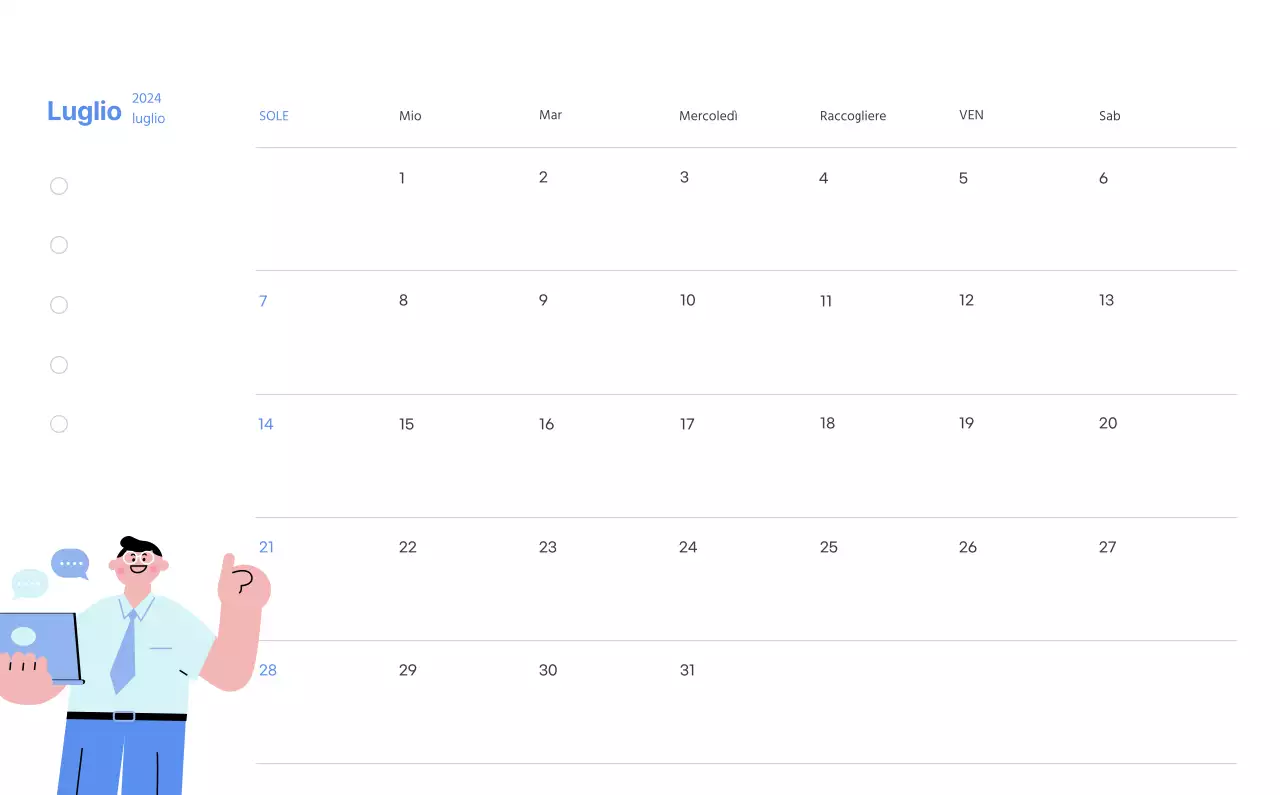 Calendario motivazionale con illustrazioni energetiche e citazioni positive su sfondo azzurro